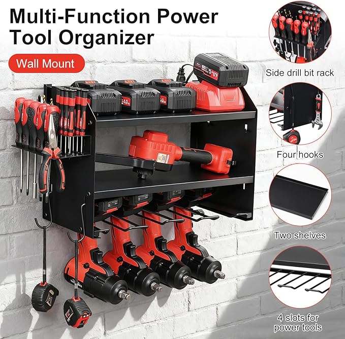 3 layers power tool organizer Loads 150lbs with 4 Cordless Drill Holder and 8 Outlet Power Strip,it’s good choice for husband birthday gift,black