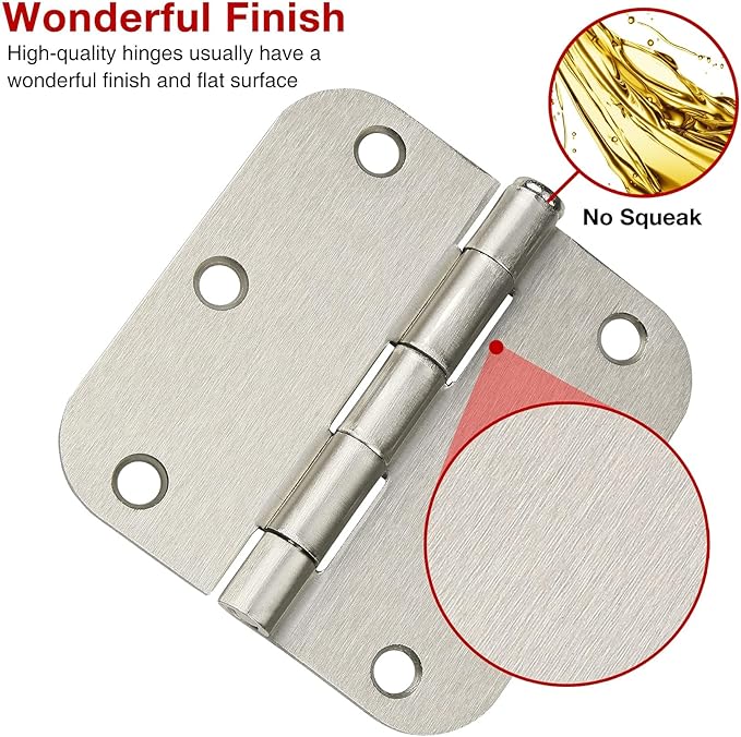 6 Pack Rounded Brushed Nickel Door Hinges 3.5 x 3-1/2" Inch, 5/8" Radius Interior Hardware 3 ½"Cottage Flat Bungalow Mobile Home Skyscraper Indoor Hinge for Doors Use Renovate Bedroom Kitchen