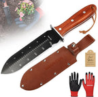 Hori Hori Garden Knife, Gardening Tools with Leather Sheath for Weeding, Gardening, Digging, 7” Stainless Steel Blade with Double Cutting Edge, Full Tang Wood Handle with Hanging Hole
