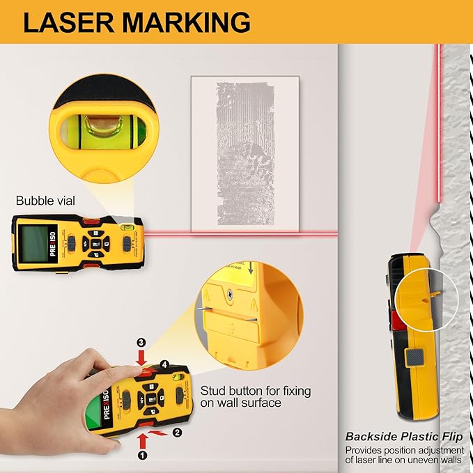 PREXISO 5-in-1 Stud Finder with Laser Level Marking & Ultrasound Distance Measure - Area, Volume, Addition | Wood, AC Wire Detector - Wall Scanner Beam Finders for Dry Interior Walls, Metal Studs