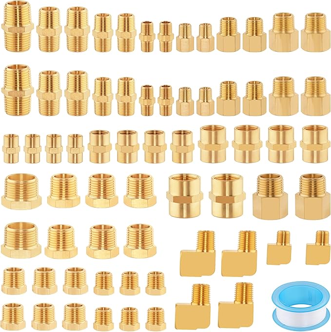 68PCS Brass Pipe Fittings Assortment Kit NPT Adapter,Hex Nipple,Reducer Bushing,Hex Coupling,90 Degree Barstock Street Elbow Fittings Kits