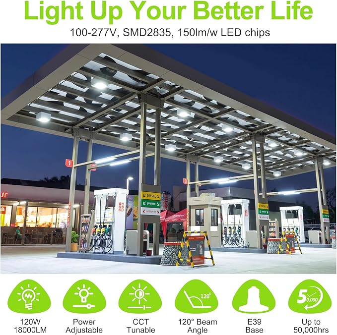 LED Corn Light Bulb 120W 96W 72W Wattage Adjustable, E39 Base Corn Cob Light Bulb 5700K 5000K 4500K, 18,000LM DLC ETL Listed Commercial High Bay Light for Warehouse Parking Lot Lighting, AC 100V-277