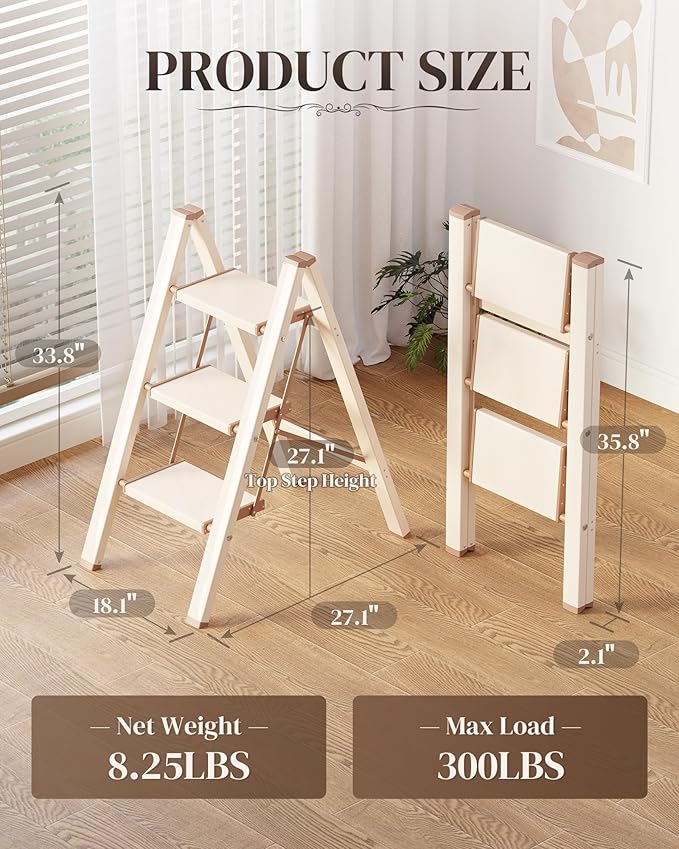 GameGem 3 Step Ladder, Folding Step Stool with Wider Pedal, Anti-Slip Feet & Non Slip Stripes, Aluminum Sturdy Material, 300Lbs Capacity, Elegant Look of Cream Chocolate Better Matches Your Home
