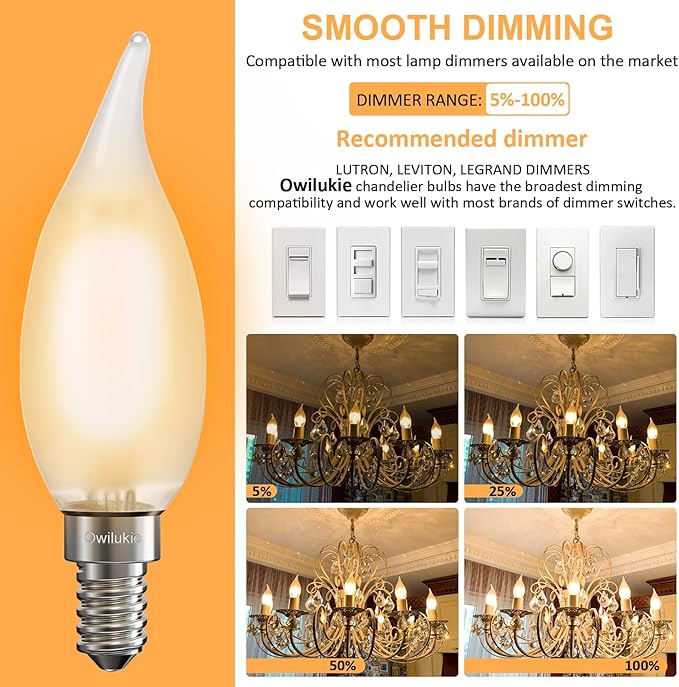 Chandelier Frosted Light Bulbs 2W Equivalent 25W Incandescent Bulb, Candelabra Candle E12 LED Bulb Type B Soft Warm White 2700K, Dimmable for Dining Room,Light Fixture,Chandelier,12 Pack