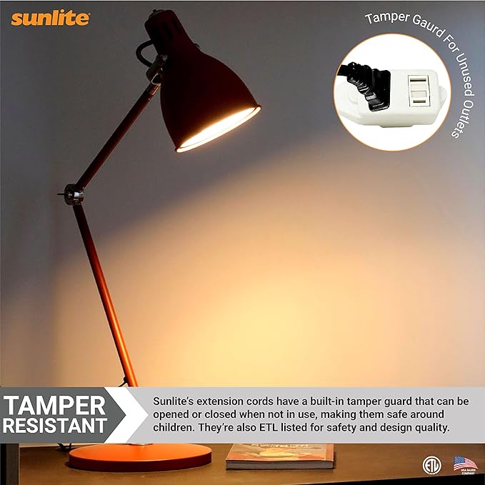 Sunlite 04120-SU 12-Foot Household Extension Cord, Three 2-Prong Polarized Sockets, Tamper Guards, Indoor Use, For Small Appliances, Electronics, Lamps, Fans, Mobile Devices, UL Listed, White