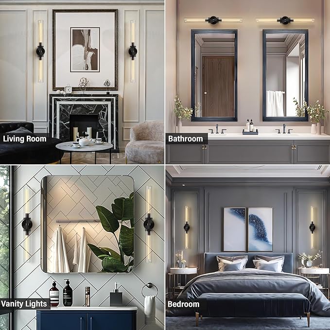 Black Wall Sconces Set of 2, Double Lights 30" Knurled Texture Indoor Wall Light Fixtures, Bathroom Vanity Light Fixtures with Clear Glass, Modern Wall Lamp for Living Room Hallway(Bulb Included)