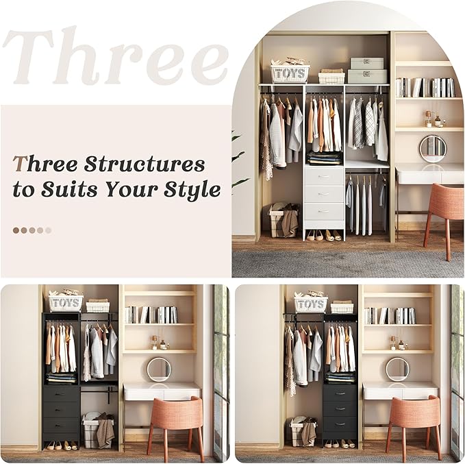 YOUDENOVA 5FT Wood Closet System with 3 Drawers, 59 Inches Wood Closet Organizer System, Walk-in Closet Built In System Tower with Shelves, Closet Wardrobe Clothes Garment Rack, Black