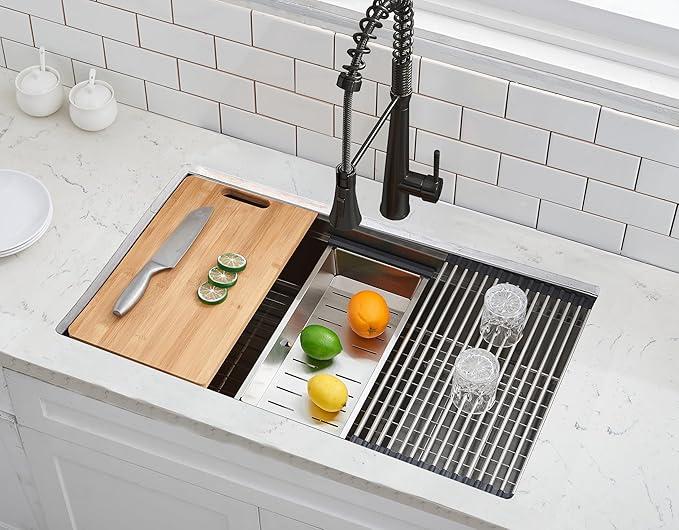 SHACO 33 Inch Black Undermount Kitchen Sink, 33x19 Gunmetal Black Stainless Steel Workstation Single Bowl Basin Wet Prep Undermount Kitchen Sink with Cutting Board