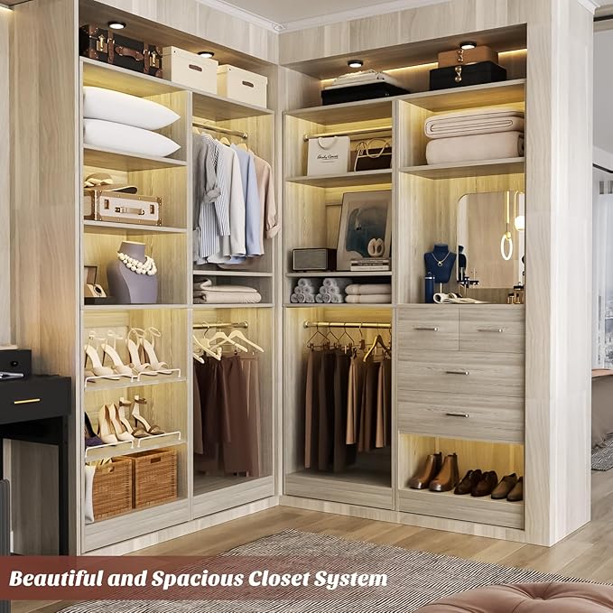 Unikito 50” Closet System with 4 Drawers, 4.2FT Wood Closet Organizer with Hanging Rod and Mirror, Reversible Small Walk in Closets Wardrobe, Adjustable Sturdy Clothes Garment Rack, White Oak