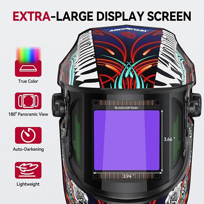 ARCCAPTAIN Auto Darkening Welding Helmet with Side View, 180° Panoramic View, 1/1/1/1 True Color Large Viewing Welding Hood with 4 Arc Sensor Solar Powered, Wide Shade 4/5-9/9-13 for TIG MIG ARC CUT