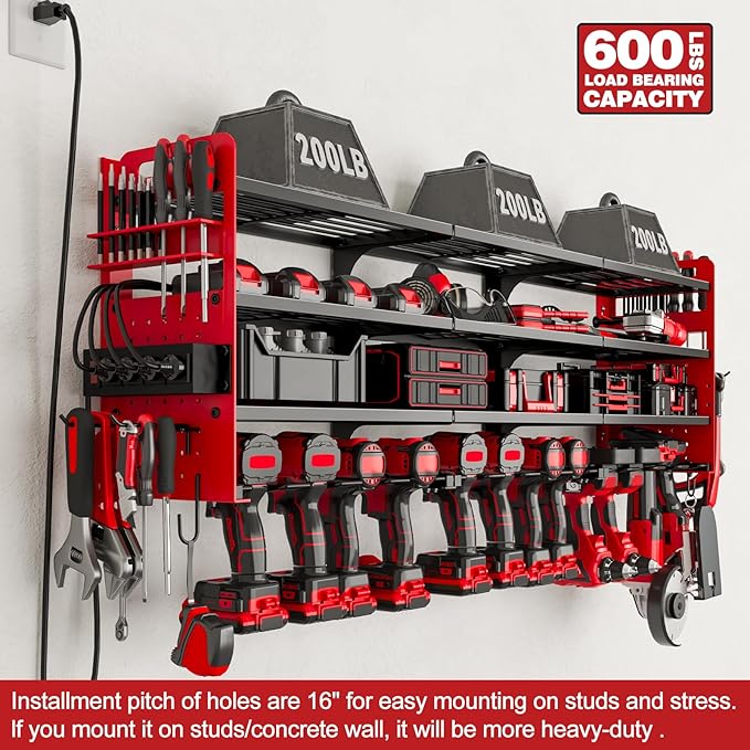 12 Cordless Drill Holder Large Power Tool Organizer Wall Mount with Side Pegboard & Screwdriver Holder, 4-Tier Heavy Duty Metal Tool Storage Rack with 4-Outlet Power Strip
