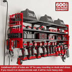 12 Cordless Drill Holder Large Power Tool Organizer Wall Mount with Side Pegboard & Screwdriver Holder, 4-Tier Heavy Duty Metal Tool Storage Rack with 4-Outlet Power Strip