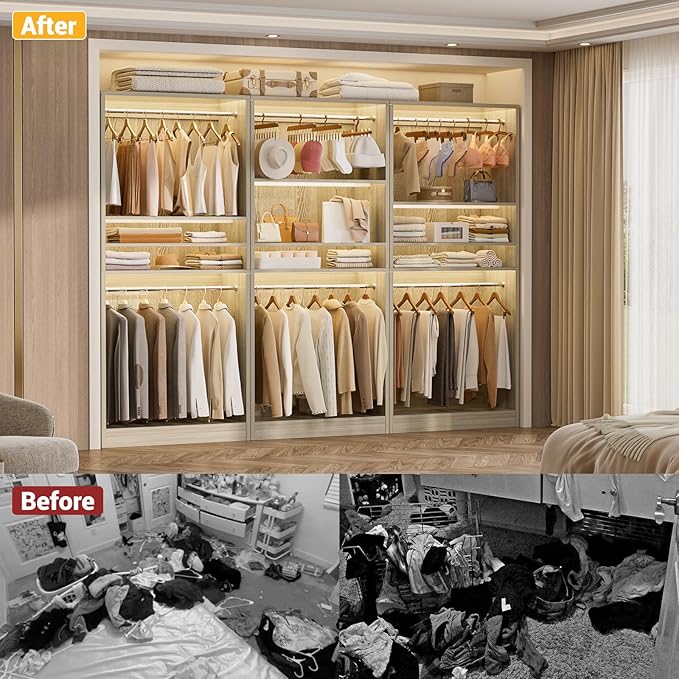 Unikito 3FT Freestanding Closet System with 2 Hanging Rods & Adjustable Shelve, 36'' Wood Closet Organizer System, Clothes Garment Rack, Sturdy Walk-in Closet Wardrobe Tower, Easy Assembly, White Oak