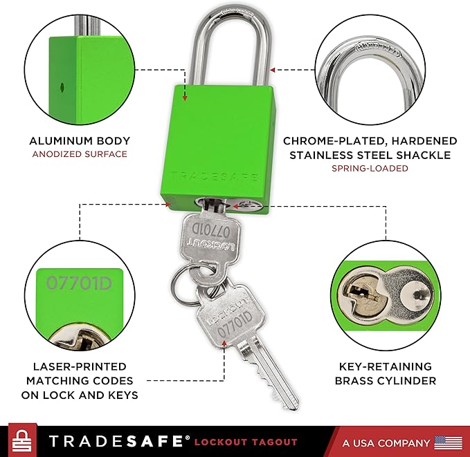 TRADESAFE Lockout Tagout Locks Set - 10 Green Aluminum Loto Locks, Lock Out Tag Out Padlocks Keyed Alike, 2 Keys Per Lockout Padlock, OSHA Compliant