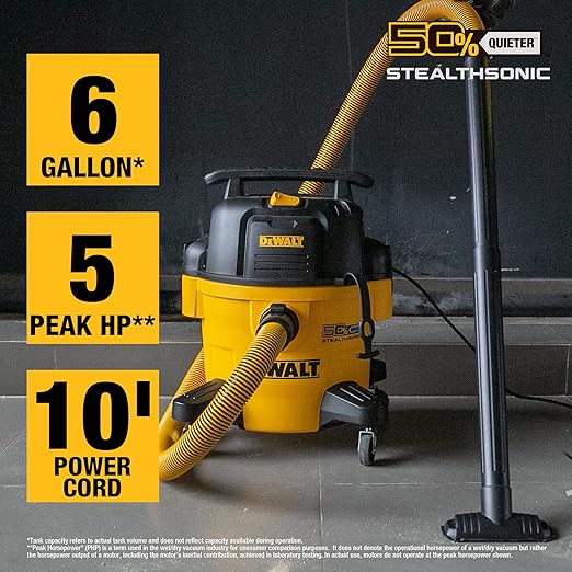 DEWALT 6-Gallon STEALTHSONIC Ultra Quiet Poly Shop Vacuum Wet and Dry, 5 Peak HP Noise Reduction Wet/Dry Vac for Jobsite, Workshop, and Garage, DXV06P-QTB