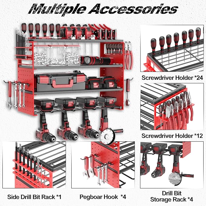 Power Tool Organizer Wall Mount, 4 Layers Tool Storage Rack with 2 Side Red Pegboards, 4 Drill Bit Rack,Heavy Duty Metal Garage Tool Shelf Organize for Workshop Garage Tool Room