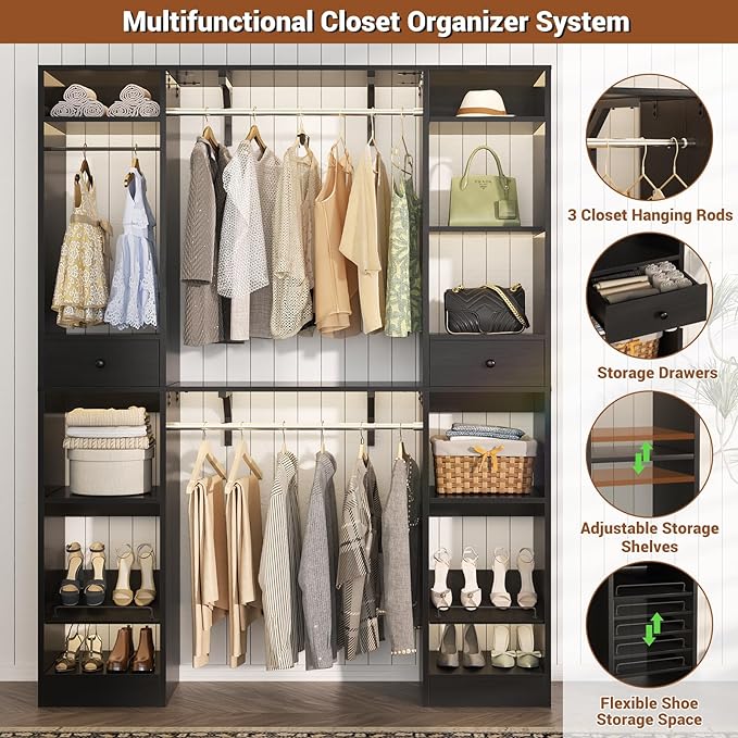 Unikito 58 - 90 Inch Closet System, Large Walk in Closet Organizer with 3 Hanging Rods and Shelves, Heavy Duty Wood Closets Wardrobe with 2 Drawers & Shoe Rack, Sturdy Reversible Clothing Rack, Black