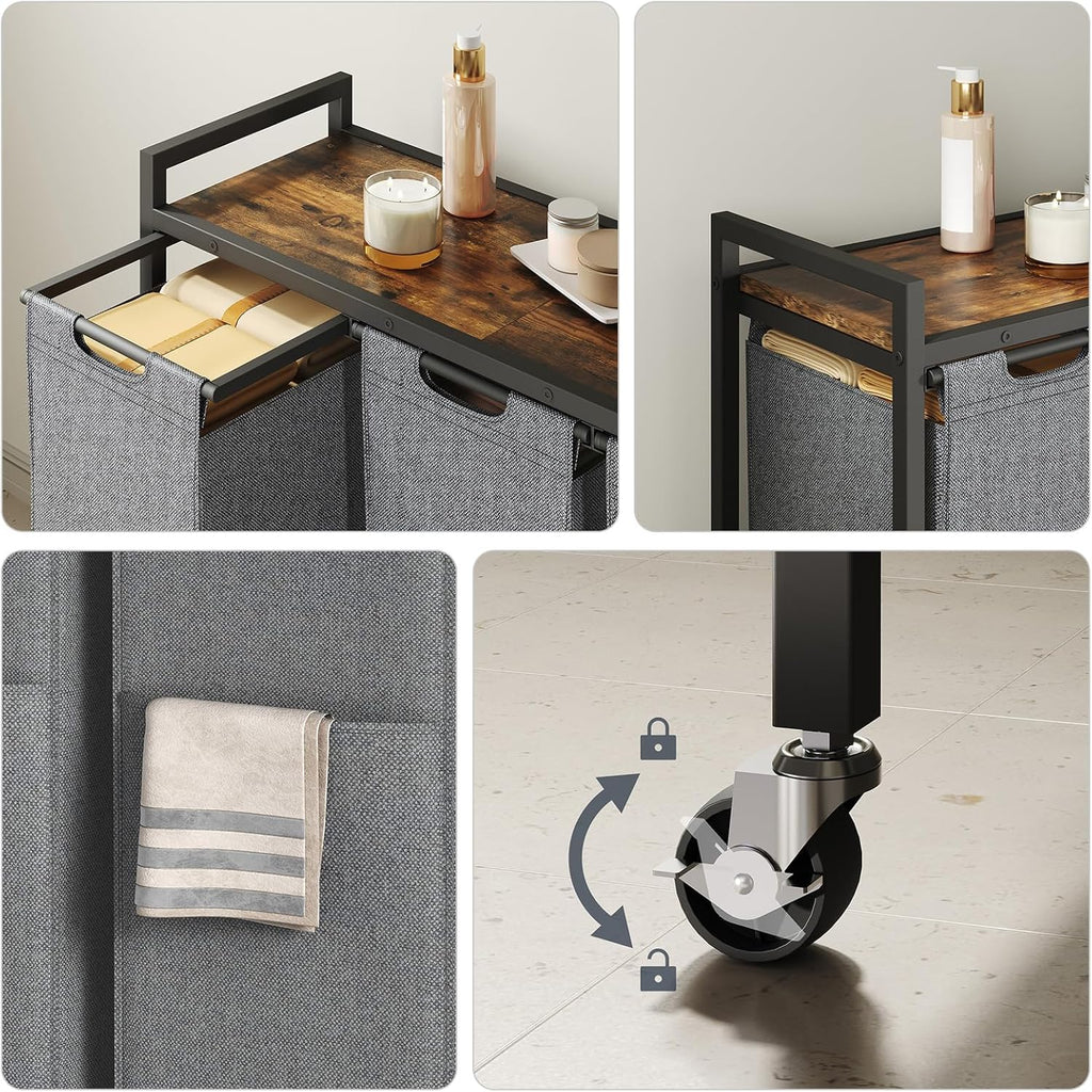 HOOBRO Laundry Sorter 3 Section, Laundry Hamper with Wheels, 3 × 11.5 Gal (43.4L), Rolling Laundry Basket, Pull-Out and Removable Oxford Fabric Laundry Bags, Rustic Brown and Grey BFG76XY01