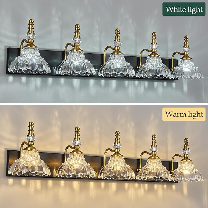 Vintage Bathroom Vanity Light, 5-Light Black Gold Vanity Lighting Fixture with Flower Glass Shade, Bathroom Lighting Fixtures Over Mirror