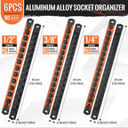 Magnetic Socket Organizer, 6-Piece Heavty Duty Aluminum Socket Holder, Socket Rail for Tool Box, Premium Quality 360° Swivel Socket Rack Kit with 80 Clips for 1/2, 3/8, 1/4-Inch(Black&Orange)