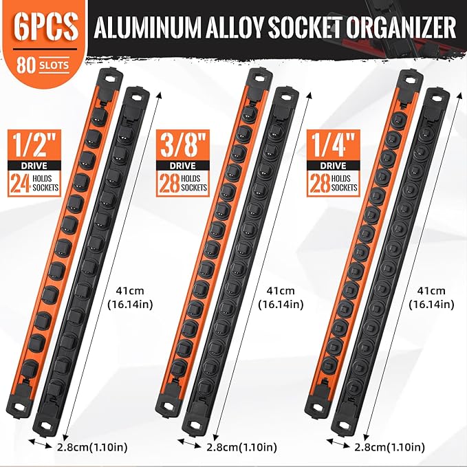 Magnetic Socket Organizer, 6-Piece Heavty Duty Aluminum Socket Holder, Socket Rail for Tool Box, Premium Quality 360° Swivel Socket Rack Kit with 80 Clips for 1/2, 3/8, 1/4-Inch(Black&Orange)