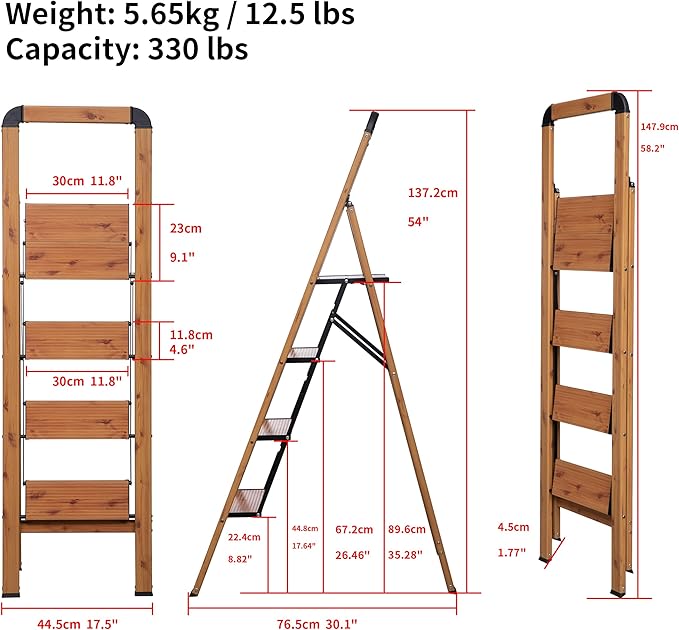 Step Ladders 4-Step Woodgrain Finish Aluminum Folding Step Stool Wide Pedal,Anti-Slip Portable Sturdy for Home & Kitchen Office 330 lbs