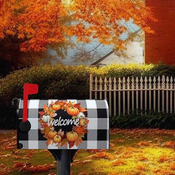 Fall Welcome Mailbox Covers Magnetic Large Size Autumn Pumpkin Buffalo Plaid Mailbox Cover Oversized Post Mailbox Wrap Outdoor Decor for Garden Yard 21x25.5 Inch