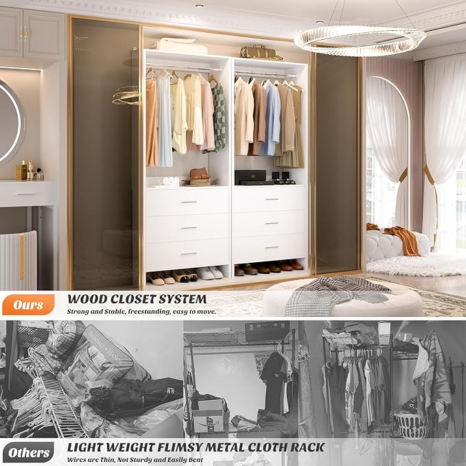 Aheaplus Closet System Closet Organizer, Wood Closets Organizer System, Walk-in Closet or Wardrobe, Clothes Rack with Hanging Rods, 8FT Closets, Set of 4, White