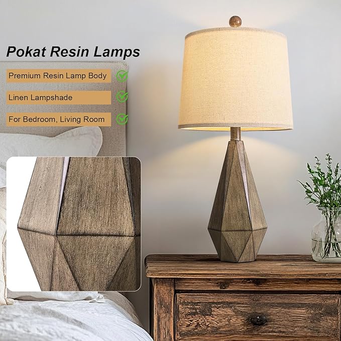 PoKat 23'' Farmhouse Table Lamps Set of 2, Brown Rustic Lamps for Living Room Bedroom Night Stands, Bedside Nightstands Living Room Table Lamps for End Side Table, Dark Wood Grain