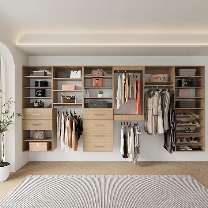 Modular Closet System, 61" Wide Closet Organizer System with Towers and Hanging, Wood Closet Tower Storage for Walk In Closets, Wall Mounted Wardrobe Organizer Kit System, Bedroom, Wood