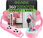 GEARit 360 Rotating Flat Plug Short Extension Cord with 3 Outlets (6ft, Pink) 16AWG/13A 3 Prong Wire, Outlet Saver for Home Office Dorm Room Essentials, ETL Certified