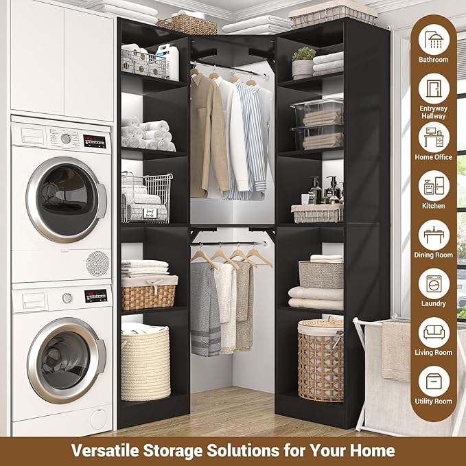 Corner Closet System with 12 Shelves, 39.2" Corner Closet Organizer System with 2 Hanging Rods, Versatile 6-Tier Walk-in Closets for Corner Space, Black (39.2" L x 39.2" W x 80" H)
