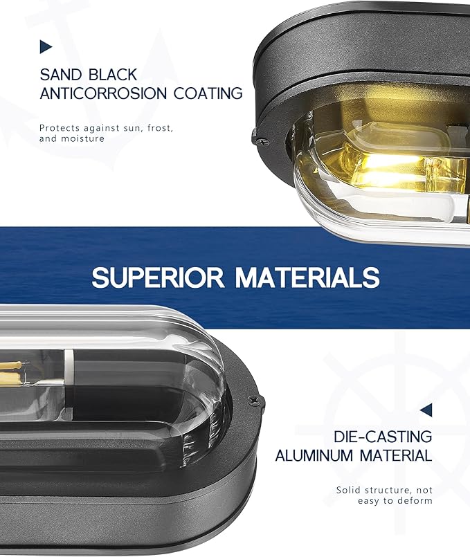 FEMILA 8.5" Oval Bulkhead Light, Outdoor Wall & Ceiling Flush Mount Sconce, Nautical Outdoor Lighting Aluminum with Ripple Glass, Outdoor Wall Sconce for Porch Patio Garage, 4FYX104F BK SW