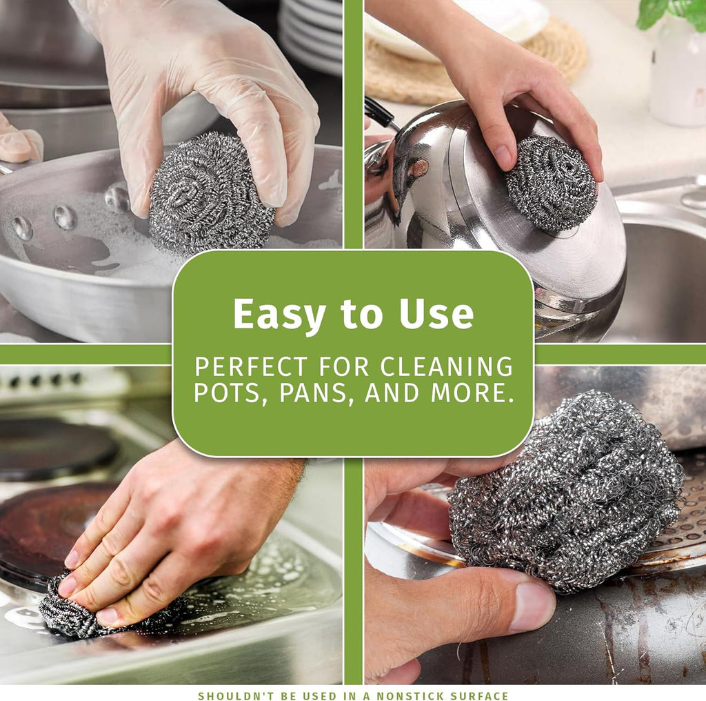 Brheez Stainless Steel Cleaner Scouring Pads [12 Pack] - Industrial & Commercial Strength Large Cleaning Supplies Dish Sponge - Individually Wrapped 50 Gram