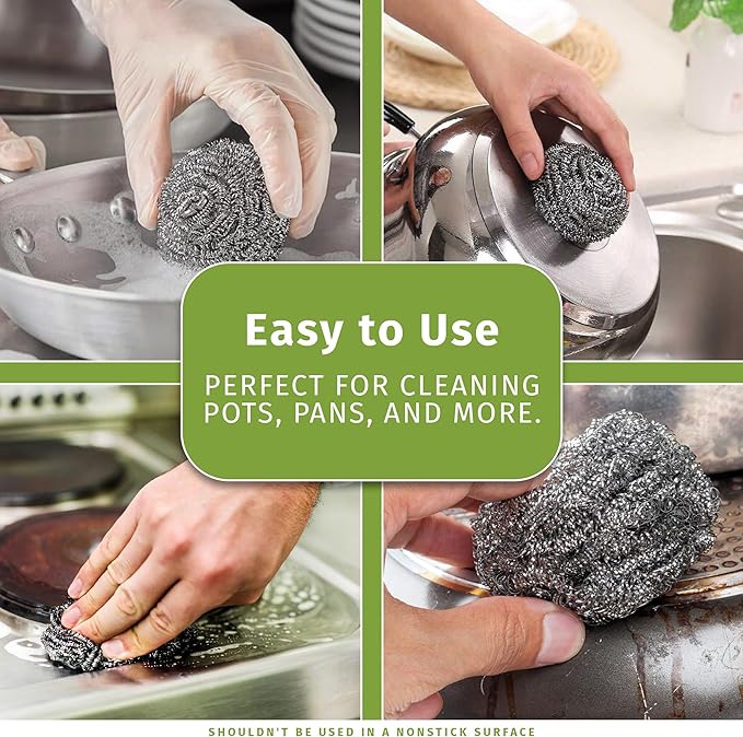 Brheez Stainless Steel Cleaner Scouring Pads [12 Pack] - Industrial & Commercial Strength Large Cleaning Supplies Dish Sponge - Individually Wrapped 80 Gram