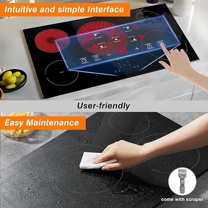 Electric Cooktop 36 Inch 5 Burners, Electric Stove Top, Built-in Ceramic Radiant Cooktop with Sensor Touch Control, Fast Heat, Multiple Safety Protection, 9000W with Hard Wire for 220V~240V