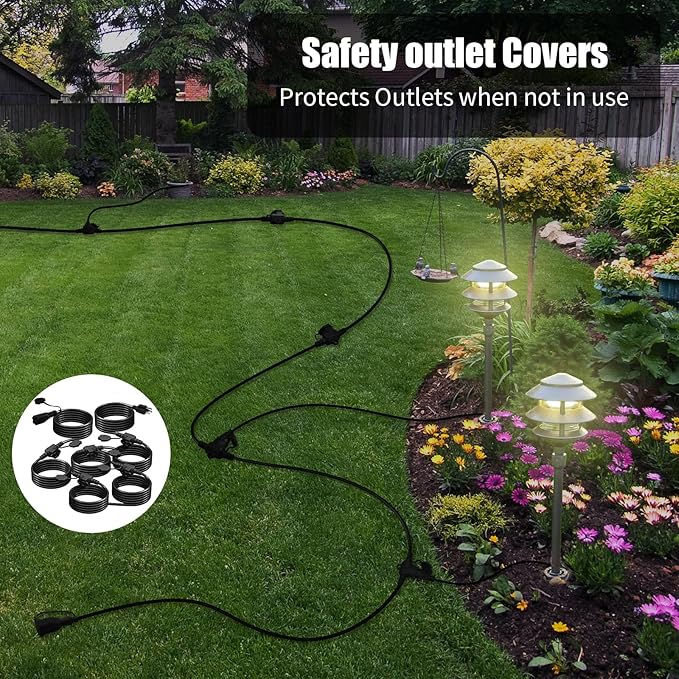 50Ft Outdoor Extension Cord - Evenly Spaced 6 Outlets Plugs with Safety Cover, 16/3 SJTW Weatherproof Multi Outlet Extension Cord for Landscape, Halloween, Holiday Decor, ETL Listed (Black)