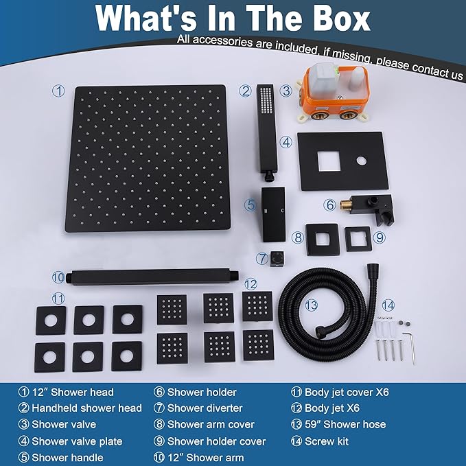 Enga Full Body Shower System with Body Jets, 12 Inch Powerful Rainfall Shower and Handheld Spray, Rough-in Mixer Valve Concealed Shower Faucet Set Complete, Matte Black