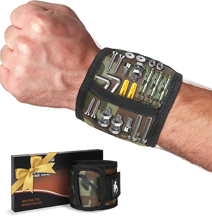HiRui Magnetic Wristband for Tools – Ultra-Strong 15 Neodymium Magnets Hold Screws, Nails & Bits, Dual Pockets – Hands‑Free for DIY, Home Repairs, Auto – Gift‑Ready for Dad, Husband, Grandpa (CAMO)