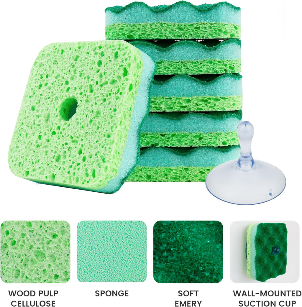 6-Pack Magic Cleaning Sponges with Suction Cups - Heavy Duty 3-Layer Dual-Sided Scrub Pads for Dishes, Stains & Kitchen Surfaces - Durable Non-Scratch Scouring Pads