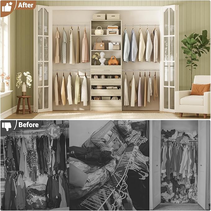 Aheaplus 4-9Ft Closet System, Closet Organizer with 4 Wooden Drawers, Wood Closet Organizer System with Tower, Walk-in Closet Organizer Wardrobe and Storage with 4 Hanging Rods, White Oak