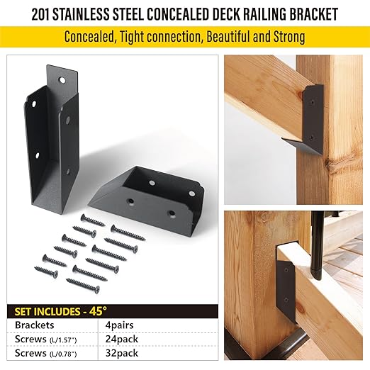 201 Stainless Steel 2" x 4" (1 ½" x 3 ½" Actual) Deck Railing 45° Stair Connectors, for Deck Railing Stair Handrail Connection Installation Deck Railing Bracket (4 Pair-Black)