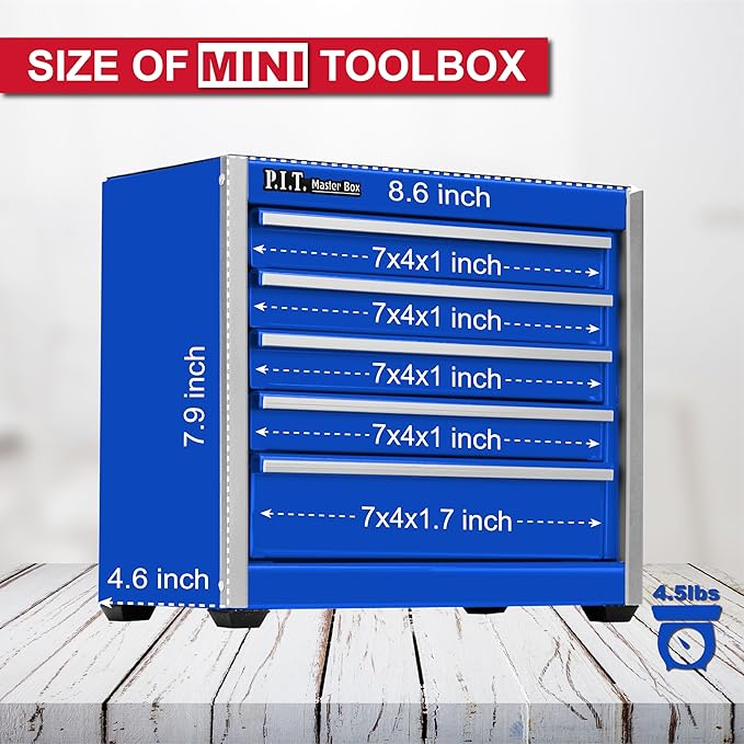 P.I.T. Mini Blue Tool Box, Portable 5-Drawer Micro Roll Cab Steel Stackable Tool Box with Liner, Blue Small Tool Case for Tools Storage and Organizers, Home DIY