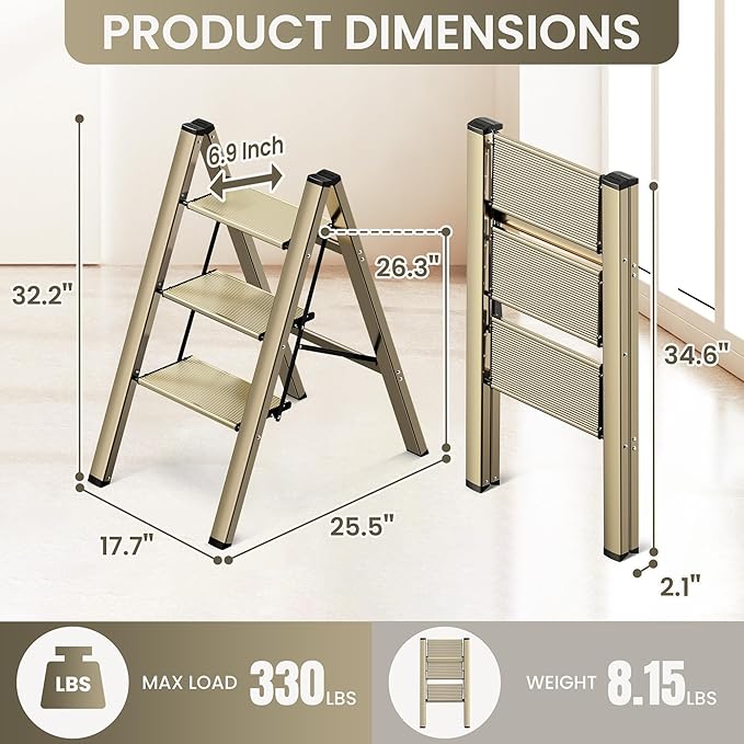 GameGem 3 Step Ladder, Aluminum Folding Step Stool with Anti-Slip Sturdy and Wide Pedal, Lightweight Portable Stepladder for Home and Kitchen Use Space Saving, 330 lbs, Champagne Gold