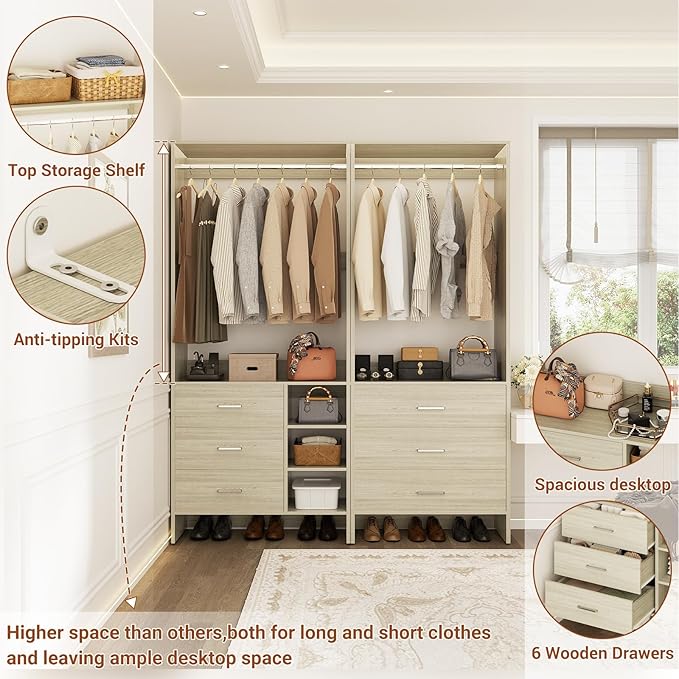 Aheaplus Closet System with 6 Drawers, 4.5ft Wood Closet Organizer System, Walk-in Closet or Small Closets Wardrobe, Clothes Rack with Hanging Rods, White Oak