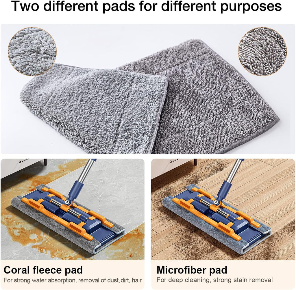 18" Microfiber Flat Mops for Floor Cleaning, Commercial Dust Mop for Hardwood Floors with Stainless Steel Handle - 6 Reusable Flat Mop Refills and 1 Dirt Removal Scrubber Included