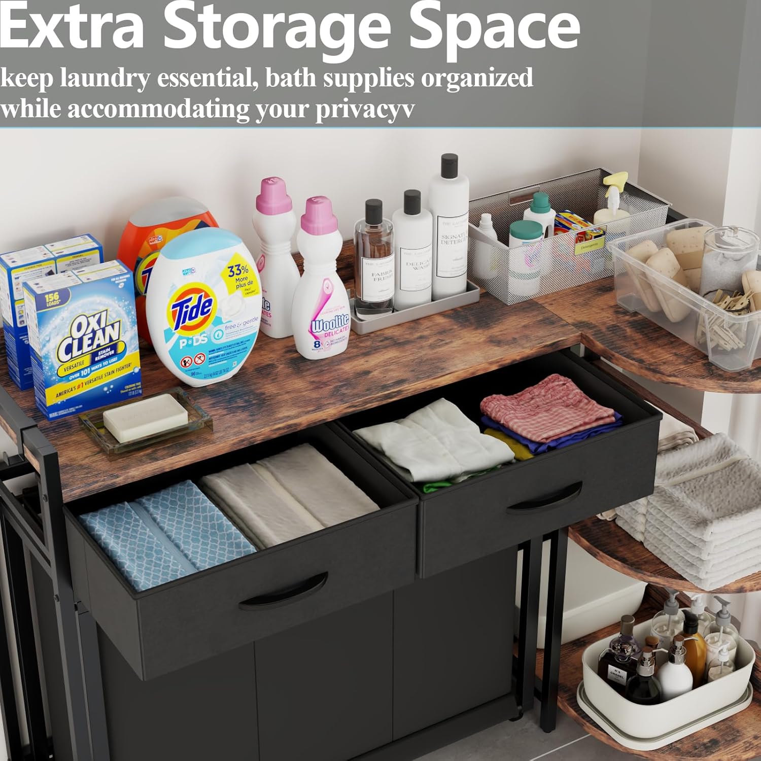 L Shaped Laundry Hamper Laundry Basket with 3 Section Pull-Out Rolling Bags & 3-Tier Storage Shelf, Laundry Sorter for Organization and Storage with 2 Drawers for Laundry Room