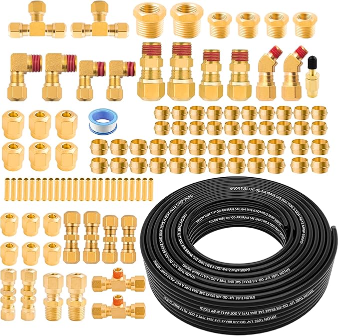 111 PCS Brass DOT Air Line Fittings with 100FT 1/4" DOT Air Line Kit Quick Connect 1/4" 1/8" 3/8" 1/2" NPT Thread Fittings with Pneumatic Tubing Set for Semi Truck Trailer or Industrial Air System