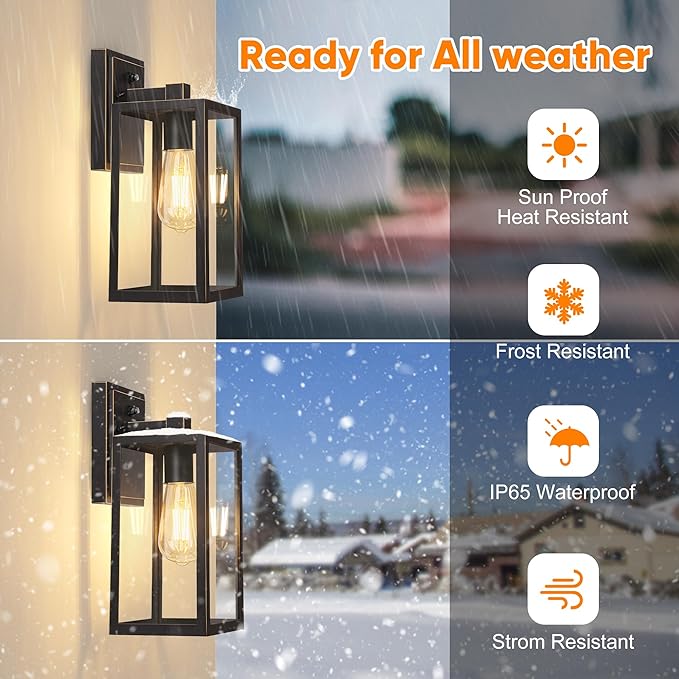 PARTPHONER Black Exterior Light Fixtures Wall Mount with Gold Rim, Dusk to Dawn Outdoor Porch Lights Lamp, Sensor Wall Sconce, Waterproof Outdoor Lantern for House Doorway, Garage 2 Pack