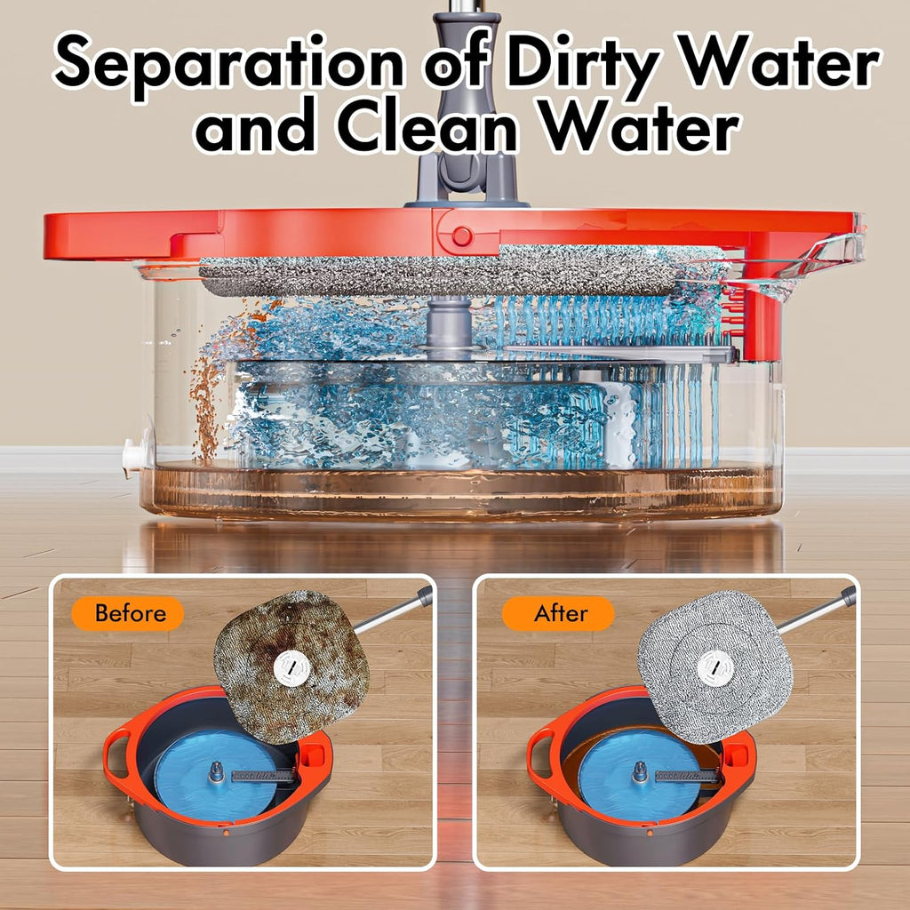 Spin Mop and Bucket with Separate Dirty and Clean Water,360° Spin Mop and Bucket System with Widening Foldable Handle,6 Replaceable Mop Pads,Square Mop for Floor Hardwood Tile Marble Wall Cleaning